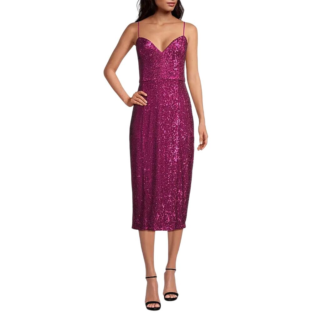 Donna Karan Pink Cocktail Dress Sequined Sleeveless V-Neck Midi Sheath Size 16